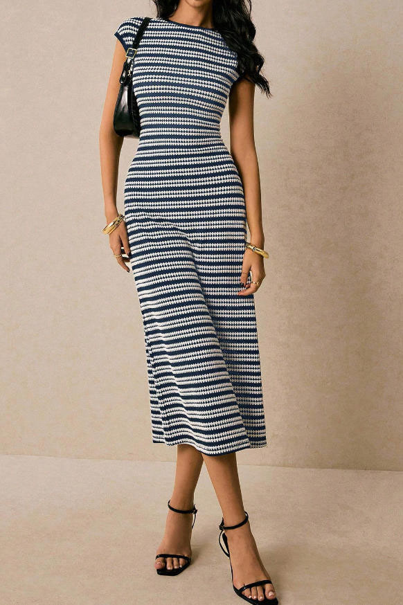Striped Waist Cinched Round Neck Short Sleeved Dress