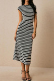 Striped Waist Cinched Round Neck Short Sleeved Dress