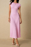 Striped Waist Cinched Round Neck Short Sleeved Dress