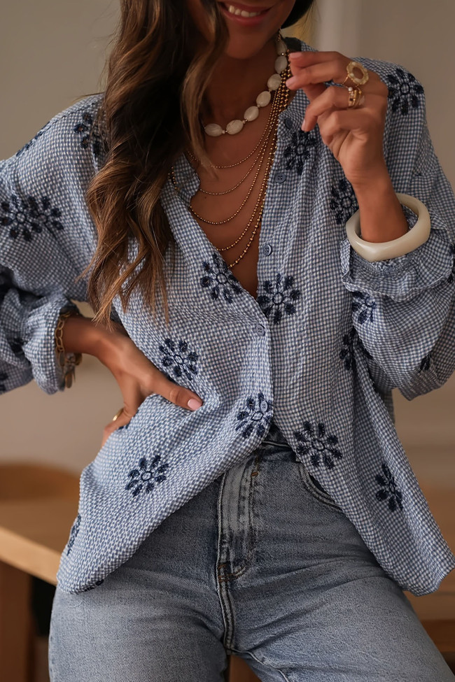 Embroidered Striped Long Sleeved Shirt