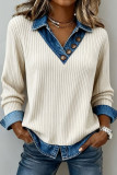 Denim Collar Patchwork Fake Two-Piece Knitted Sweater