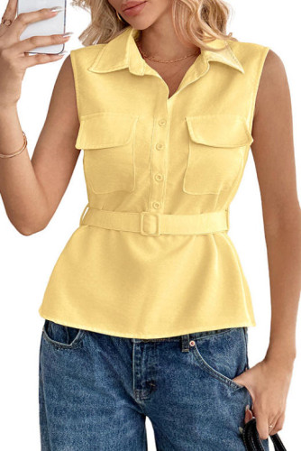 Lapel Waist Cinched Sleeveless Shirt