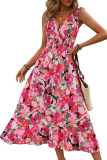Sleeveless V-neck Printed Waist Cinching Dress