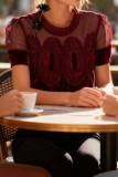 Mesh Embroidered Lace Round Neck Velvet Shirt