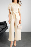 Satin Solid Color Lace Short Sleeved Jumpsuit