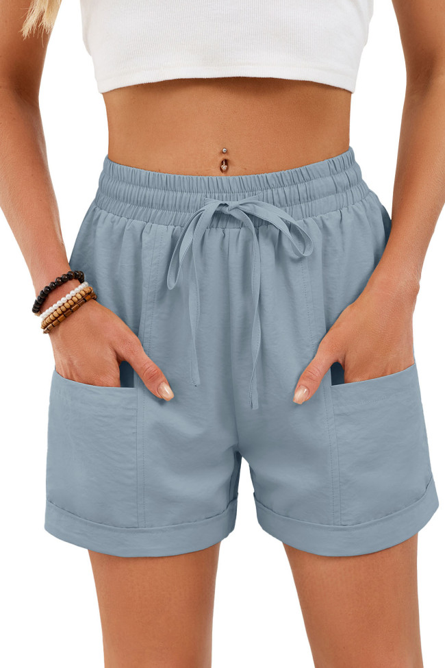 Solid Color Pocket Elastic Waist Loose Shorts