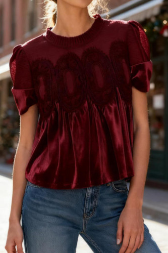 Mesh Embroidered Lace Round Neck Velvet Shirt