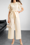 Satin Solid Color Lace Short Sleeved Jumpsuit