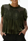 Mesh Embroidered Lace Round Neck Velvet Shirt