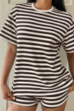 Round Neck Striped Short Sleeved Shorts Two-piece Set
