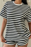Round Neck Striped Short Sleeved Shorts Two-piece Set