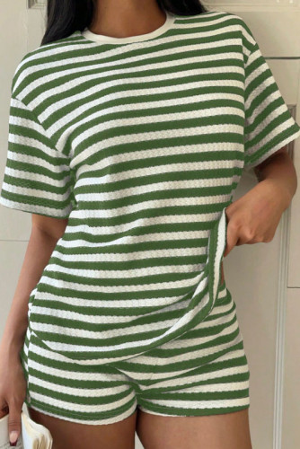Round Neck Striped Short Sleeved Shorts Two-piece Set