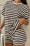 Round Neck Striped Short Sleeved Shorts Two-piece Set
