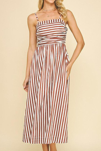 Striped Vacation Style Pocket Sleeveless Dress