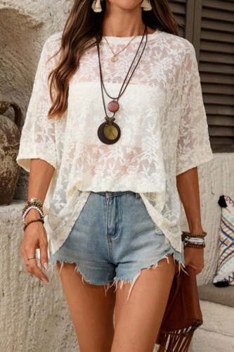 Lace Loose Round Neck Short Sleeved T-shirt
