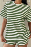 Round Neck Striped Short Sleeved Shorts Two-piece Set