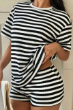 Round Neck Striped Short Sleeved Shorts Two-piece Set