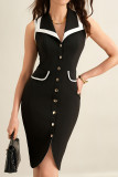 Lapel Buckle Sleeveless Slit Slim Fit Dress