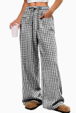 Grid Printed High Elastic Waist Wide Leg Pants