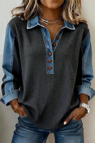 Lapel Loose Denim Long Sleeved Sweatshirt