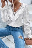 Swiss Dot V-neck Lace Jacquard Long Sleeved Shirt