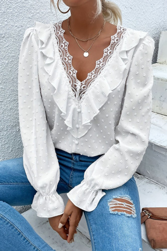 Swiss Dot V-neck Lace Jacquard Long Sleeved Shirt