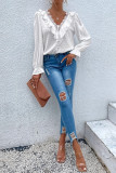 Swiss Dot V-neck Lace Jacquard Long Sleeved Shirt
