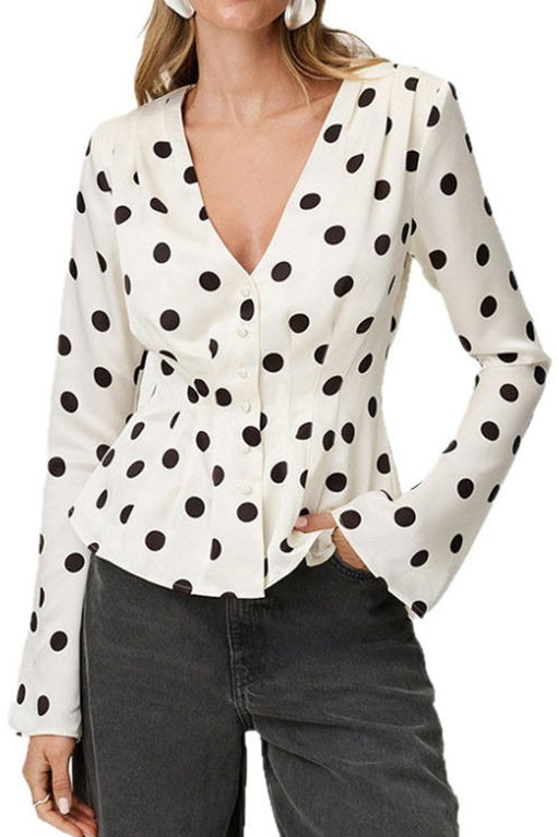V-neck Polka Dot Long Sleeved Shirt