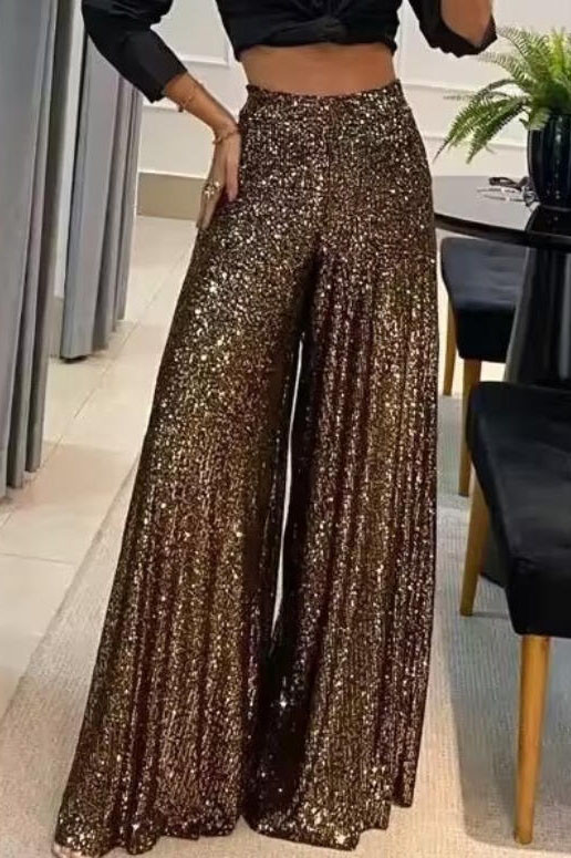 Solid Color Sequined Wide Leg Pants