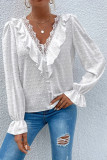 Swiss Dot V-neck Lace Jacquard Long Sleeved Shirt