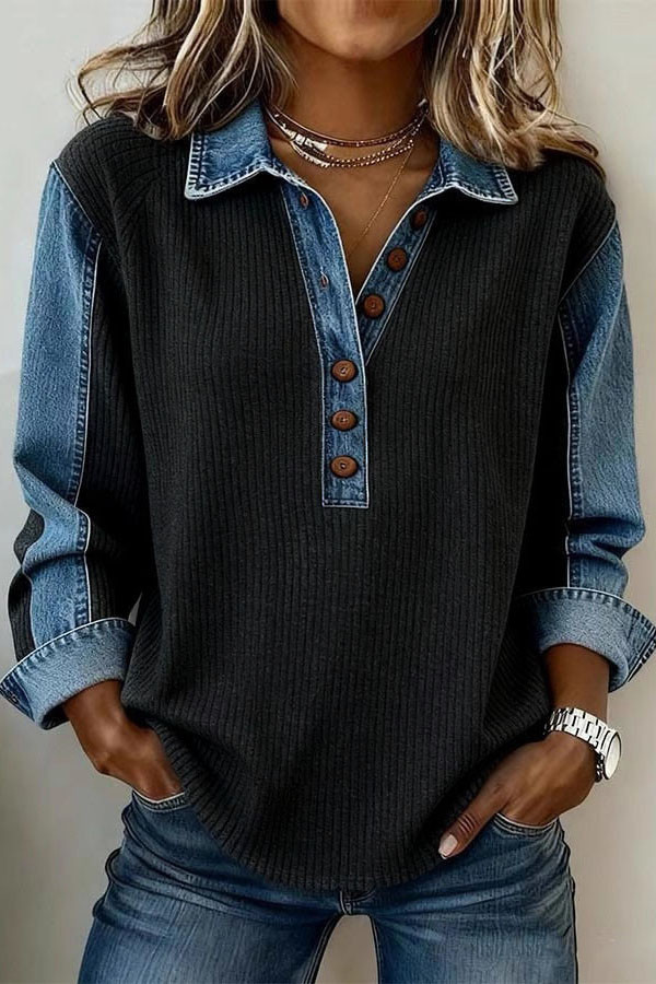 Lapel Loose Denim Long Sleeved Sweatshirt
