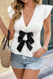 Bow Fly Short Sleeves V-neck Waist Cinched Shirt
