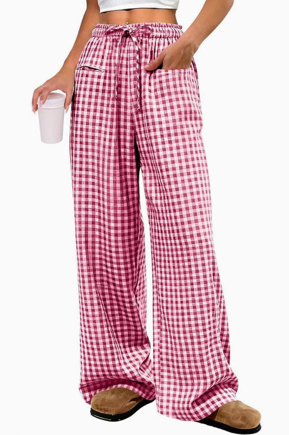 Grid Printed High Elastic Waist Wide Leg Pants