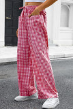 Grid Printed High Elastic Waist Wide Leg Pants