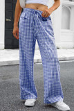 Grid Printed High Elastic Waist Wide Leg Pants