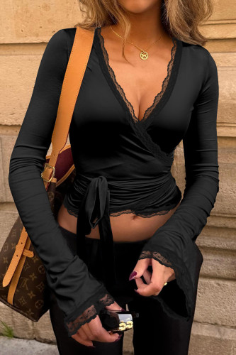 Lace V-neck Strap Long Sleeved T-shirt