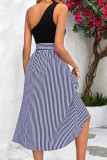 Striped Single Shoulder Sleeveless Slit Dress