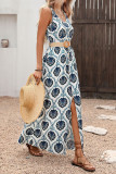 Ethnic Print V-neck Sleeveless Slit Waisted Dress