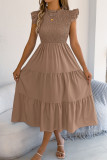 Solid Color Pleated Flying Sleeve Waist Cinched Dress