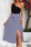 Striped Single Shoulder Sleeveless Slit Dress