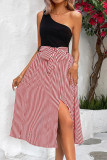 Striped Single Shoulder Sleeveless Slit Dress