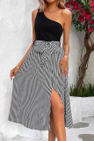Striped Single Shoulder Sleeveless Slit Dress