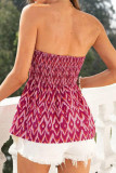 Peacock Patterned Strapless Waist Cinched Dress