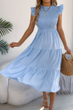 Solid Color Pleated Flying Sleeve Waist Cinched Dress