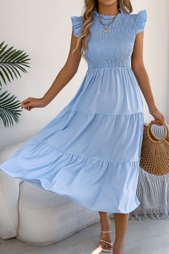 Solid Color Pleated Flying Sleeve Waist Cinched Dress