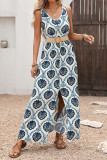Ethnic Print V-neck Sleeveless Slit Waisted Dress