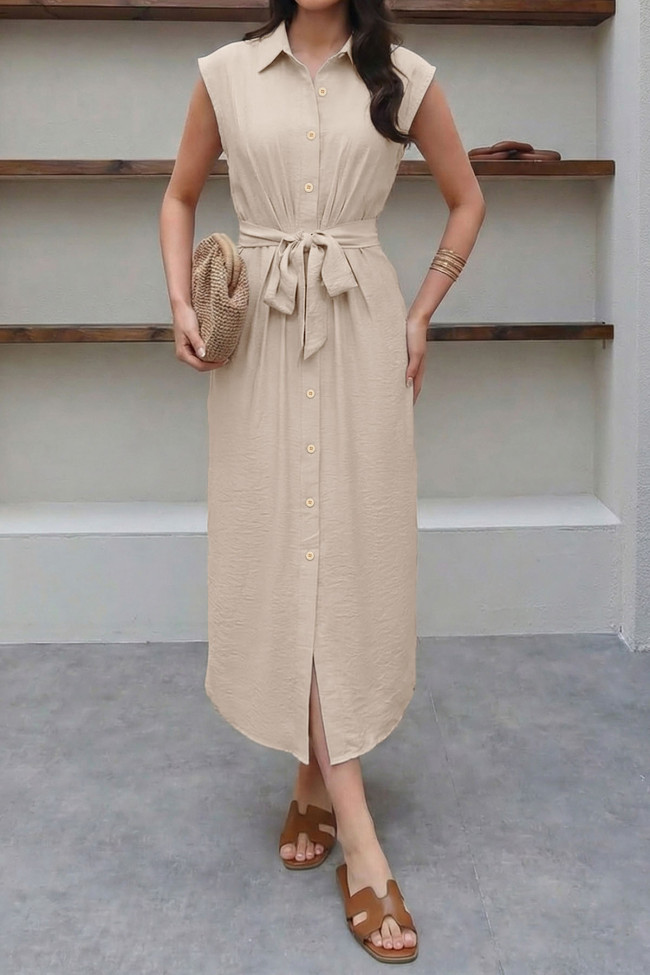 Solid Color Lapel Waist Cinched Short Sleeved Dress