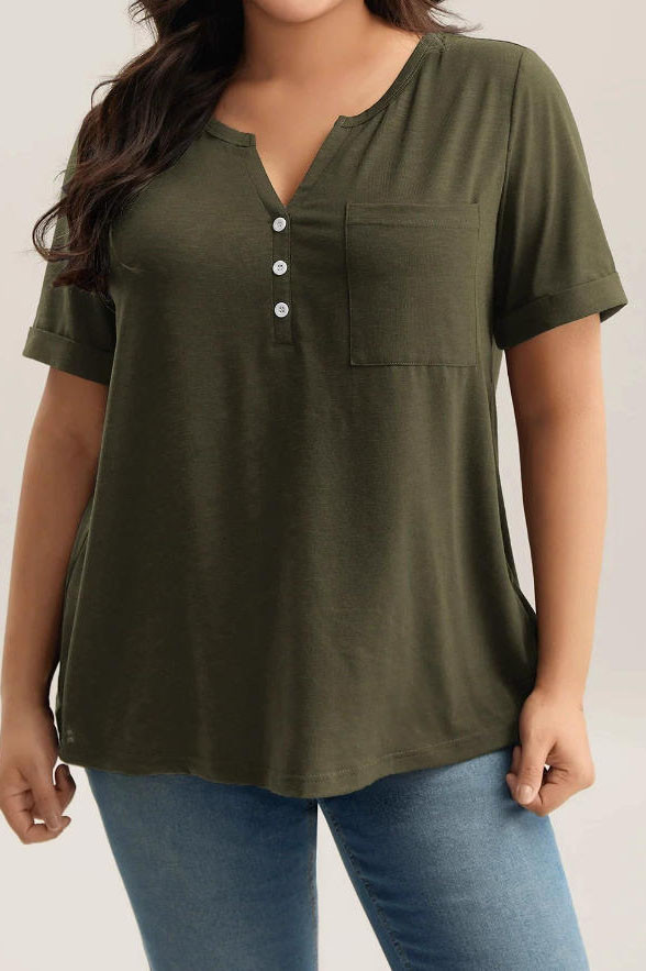 Solid Color V-neck Button Short Sleeved T-shirt