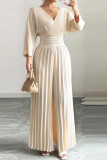 V-neck Solid Color Pleated Long Sleeved Jumpsuit