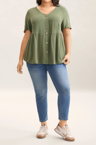 Loose Short Sleeved Solid Color V-neck Shirt